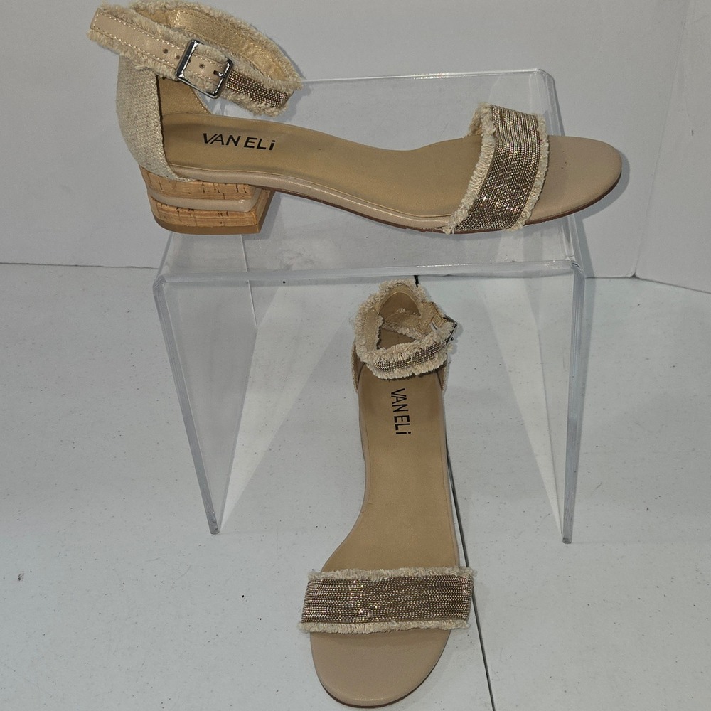 Van Eli Womens 8M Beige Canvas Sparkle Frayed Ankle Strap Cork Block Heel Sandal